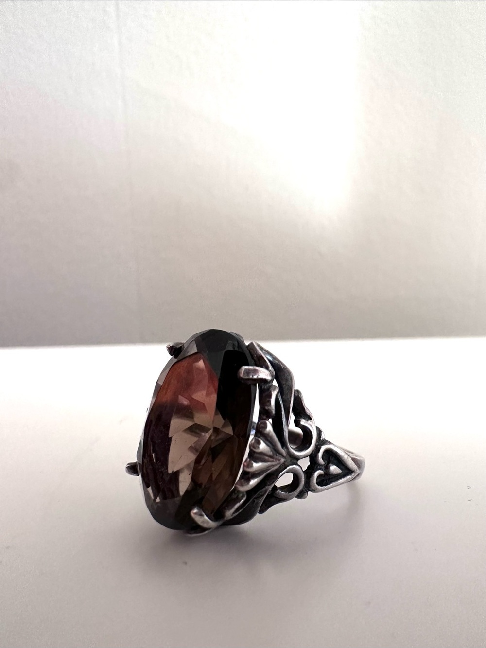 Sterling Silver Smoky Brown Crystal Vintage Cocktail Ring